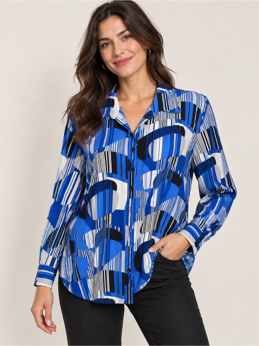 Blue Diamond Stretch Abstract Print Button-Up Blouse – Size XL